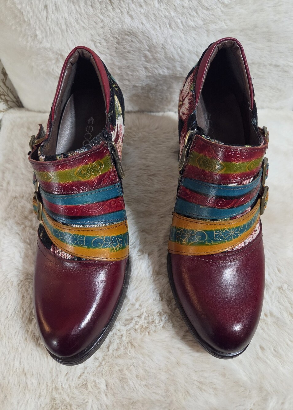 Socofy Multicolor Floral Strap Block Heel Shoes Burgundy Accent. Sz 39 Or 81/2 - Picture 7 of 13